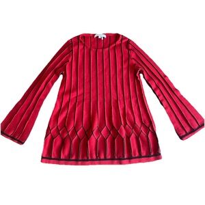 Foxcroft Affina Pointelle Knit Tunic Sweater Small Red Black Bell Sleeve